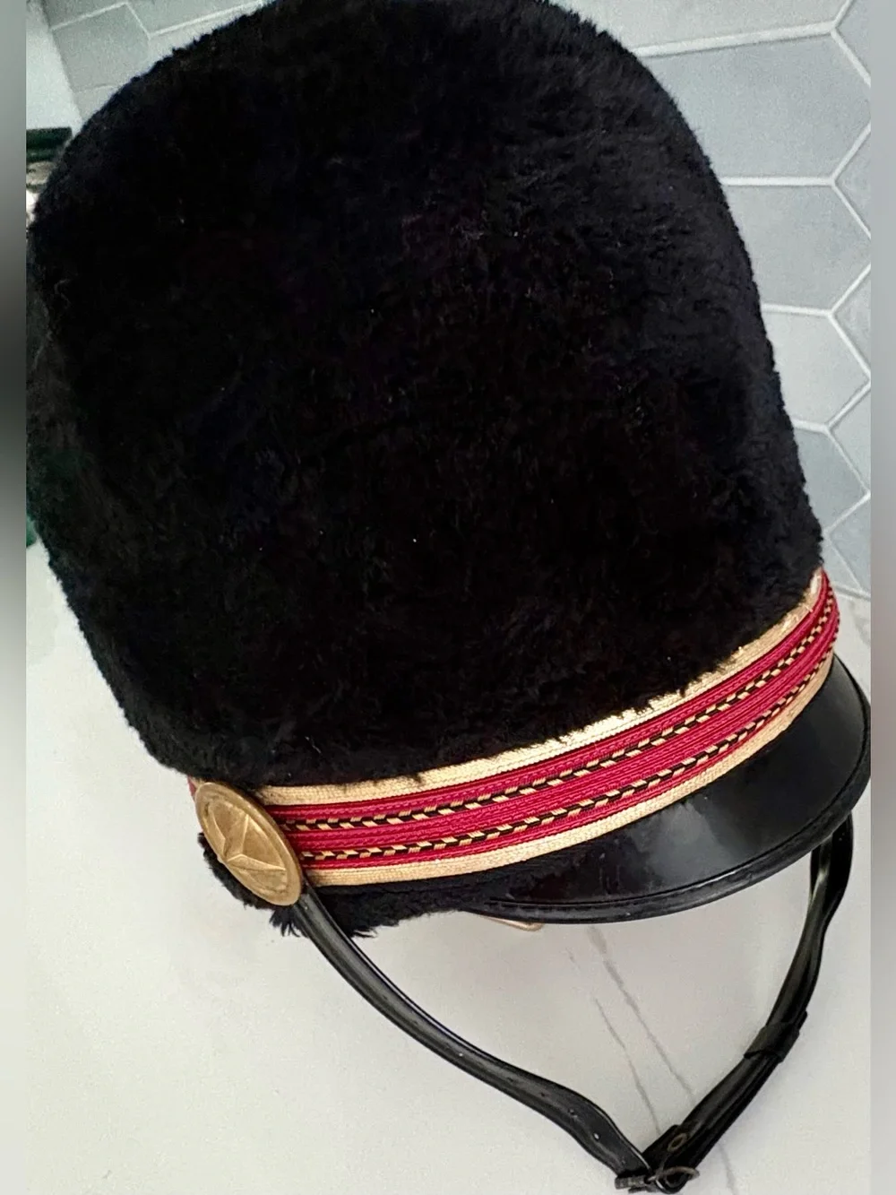 Ostwald Vtg Faux Fur Marching Band Busby Hat Black Drum Major Shako RedGold Trim